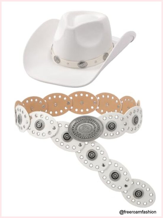 3 Pc Western Felt Cowboy Hat Disc Belt Sets for Women Cowgirl Costume Boho main image 4